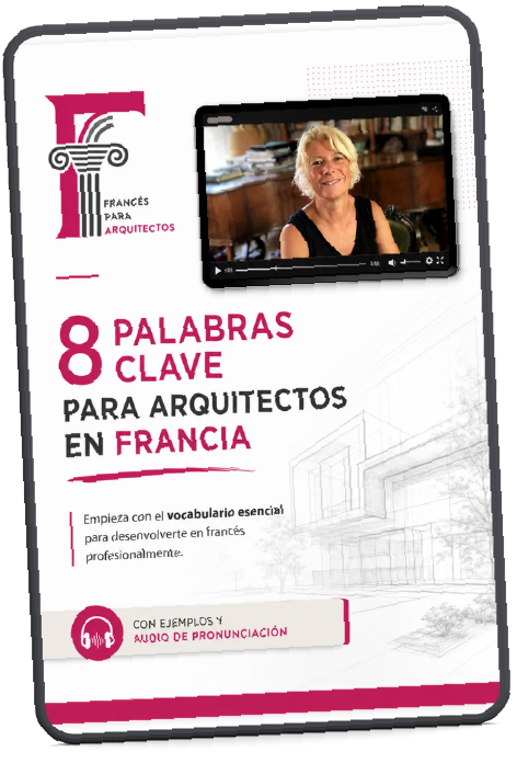 Portada de la guía PDF 8 palabras clave para arquitectos en Francia, que incluye vocabulario esencial y audios.